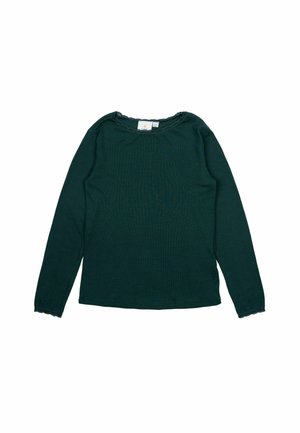 Mörkgrön långärmad topp med ribbat mönster, rundad halsringning med fransad kant, rak fåll, utan synliga mönster eller detaljer.