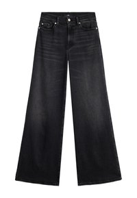 Zwarte wijde pijpen jeans van denim stof met een hoge taille, een knoopsluiting aan de voorkant en een klassiek ontwerp met vijf zakken en subtiele vervaagde details.