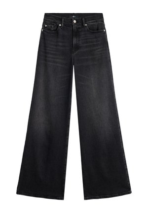 Jeans neri a gamba larga in tessuto denim, con vita alta, chiusura frontale con bottoni e classico design a cinque tasche con sbiaditure discrete.