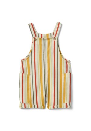 Peto corto a rayas para niños con franjas verticales en amarillo, naranja, oliva y blanco, con tirantes en los hombros y bolsillos delanteros.