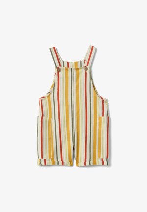 Kurze gestreifte Kinderlatzhosen mit gelben, orangefarbenen, olivgrünen und weißen vertikalen Streifen, mit Schulterträgern und Fronttaschen.