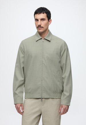 Man with short dark hair and mustache wearing a light green zip-up jacket and beige pants against a plain light background.