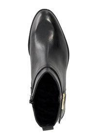 Black leather ankle boot with a smooth finish, pointed toe, side zipper, and subtle textured accents along the edges.