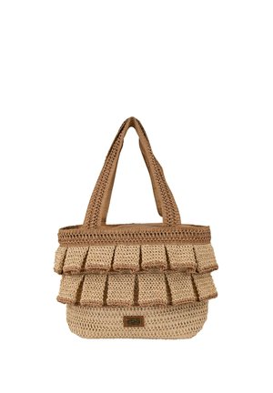 Bolso de rafia con dos asas texturizadas, featuring volantes en capas y base rectangular. El color es marrón natural con un patrón tejido.