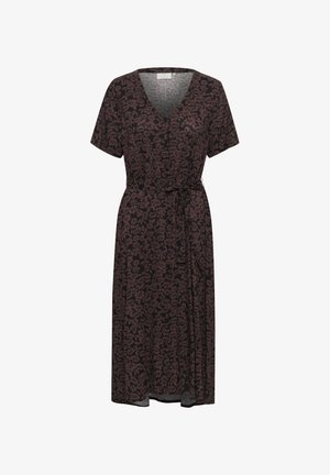 Gėlėmis raštuotas mididress tamsių burgundiškų ir juodų atspalvių, su trumpomis rankovėmis, V formos iškirpte, mygtukais ir surišamu diržu juosmenyje.