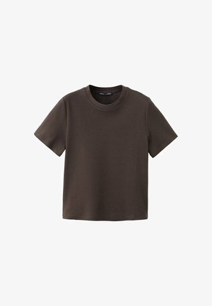 Schlichtes, dunkelbraunes T-Shirt mit kurzen Ärmeln und Rundhalsausschnitt, gerade Saumkante, präsentiert vor weißem Hintergrund.