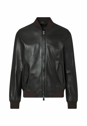 Veste bomber en cuir noir avec fermeture éclair à l'avant, col, poignets et ourlet côtelés, et deux poches avant inclinées.