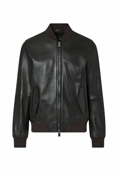Veste bomber en cuir noir avec fermeture éclair à l'avant, col, poignets et ourlet côtelés, et deux poches avant inclinées.