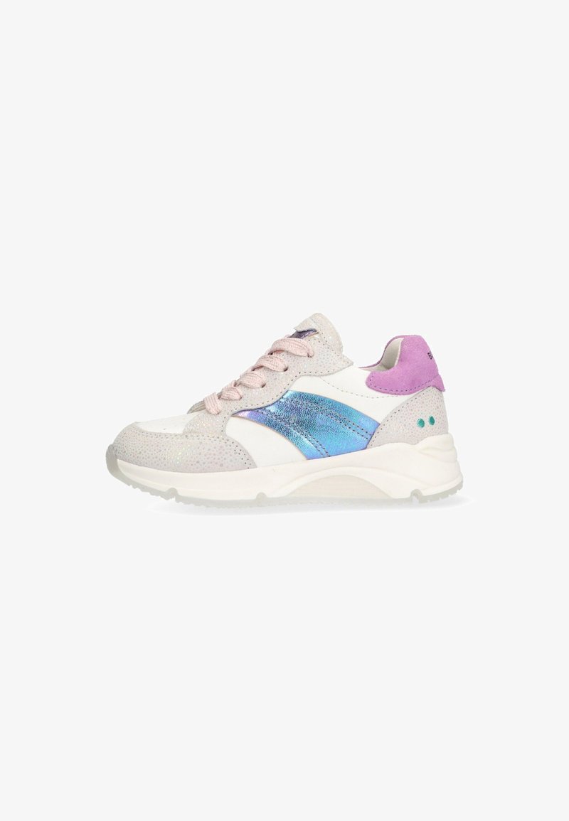 Sporty sneaker with a white, pink, and blue color scheme. Features a smooth and textured upper, round toe, and lace-up design.