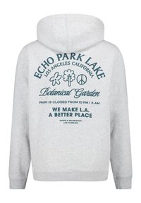 Grå sweatshirt med en stor grafisk tryck på baksidan med text och naturikoner, inklusive blommor och en fredssymbol.