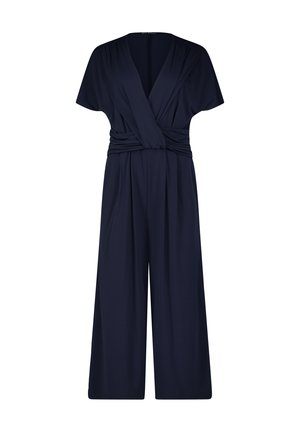 Jumpsuit blu navy con design avvolgente, maniche corte e pantaloni a gamba ampia realizzati in un tessuto morbido e leggero.