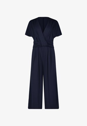 Granatowy kombinezon z zapinanym krojem, krótkimi rękawami i szerokimi nogawkami, wykonany z gładkiego, lekkiego materiału.