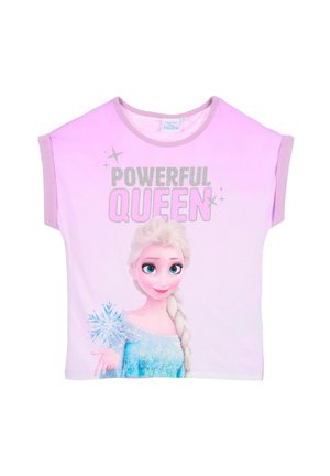 Children’s pink short-sleeve shirt with Frozen character Elsa and text "Powerful Queen" in glittery letters.