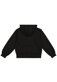 Hoodie en coton noir comportant une capuche avec cordon, des poignets et un ourlet côtelés, avec un design minimaliste et un petit logo en triangle au dos.