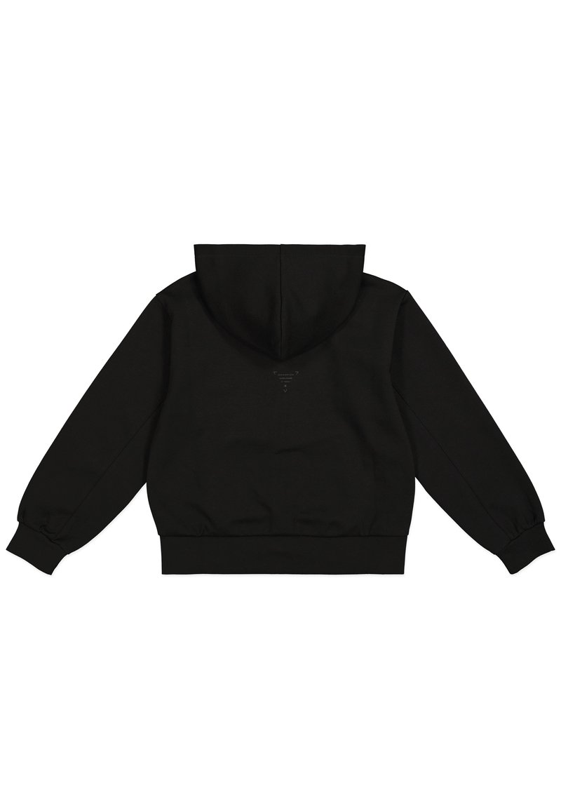 Sudadera de algodón negra con capucha ajustable, puños y dobladillo de punto, con un diseño minimalista y un pequeño logo triangular en la parte posterior.