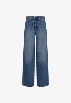 Pantalones vaqueros de pierna ancha en azul medio, con cintura ajustable con cordón, piernas rectas y acabado ligeramente descolorido.