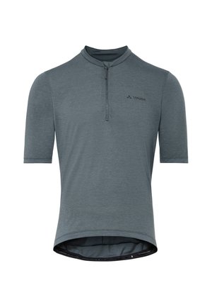 Grijs fietsshirt met korte mouwen, voorzien van een rits aan de voorkant en het Vaude-logo op de linkerborst.