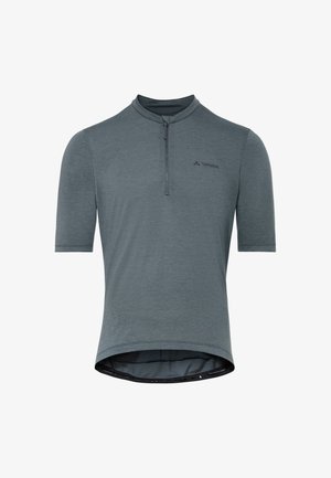 Grijs fietsshirt met korte mouwen, voorzien van een rits aan de voorkant en het Vaude-logo op de linkerborst.