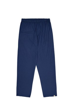 Pantaloni blu navy con un motivo a griglia, realizzati in tessuto leggero. Presentano un elastico in vita e una vestibilità ampia.