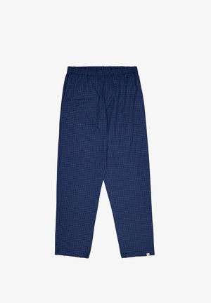 Pantaloni blu navy con un motivo a griglia, realizzati in tessuto leggero. Presentano un elastico in vita e una vestibilità ampia.