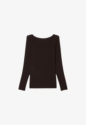 Haut noir à manches longues en tissu doux et extensible. Il présente un col large et une silhouette ajustée sans motifs ni ornements visibles.