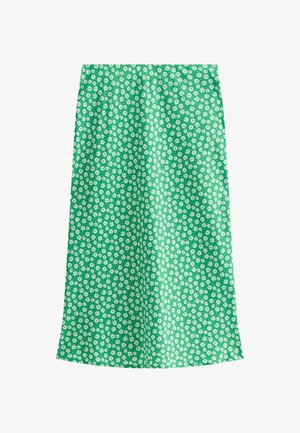 Grüne Blumenmuster-Rock mit leichter Textur. Mit kleinen weißen Blumen auf einem einfarbigen Hintergrund, designed in einer geraden Silhouette.