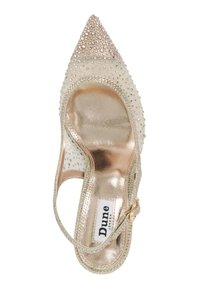 Pointed-toe high heel shoe with a gold sequined upper, metallic inner lining, and ankle strap. Features a textured surface and decorative accents.