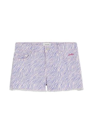 Pantalones cortos vaqueros con rayas de cebra lilas y blancas, con bordes deshilachados, botón delantero, cremallera y bolsillos frontales.