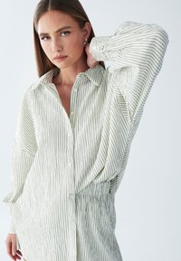 Košeľa na zapínanie s gombíkmi v svetlozelenom a bielom pruhovanom vzore, s dlhými rukávmi, golierom a dizajnom zoštíhľujúcim pás.