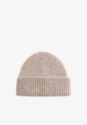 Helles beiges, geripptes, gestricktes Beanie aus weichem Material. Verfügt über eine umgeschlagene Krempe am unteren Rand für zusätzliche Wärme und Komfort.