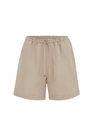 Shorts décontractés beiges avec taille élastique et cordons à nouer ornés de perles en bois, poches avant et coupe décontractée.