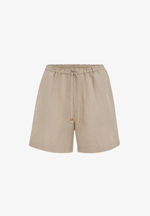 Shorts décontractés beiges avec taille élastique et cordons à nouer ornés de perles en bois, poches avant et coupe décontractée.