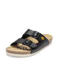 Schwarze Ledersandalen mit zwei verstellbaren Riemen, Korkfußbett und weißer Gummisohle mit Belüftungsöffnungen für zusätzlichen Komfort.