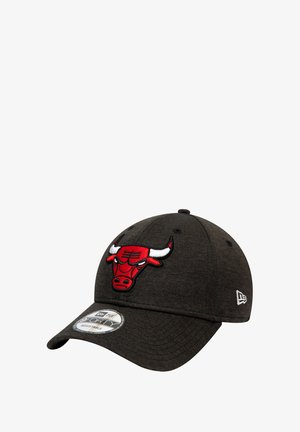 Black fitted cap with a red and white embroidered bull logo on the front, featuring a textured fabric and a curved brim design.