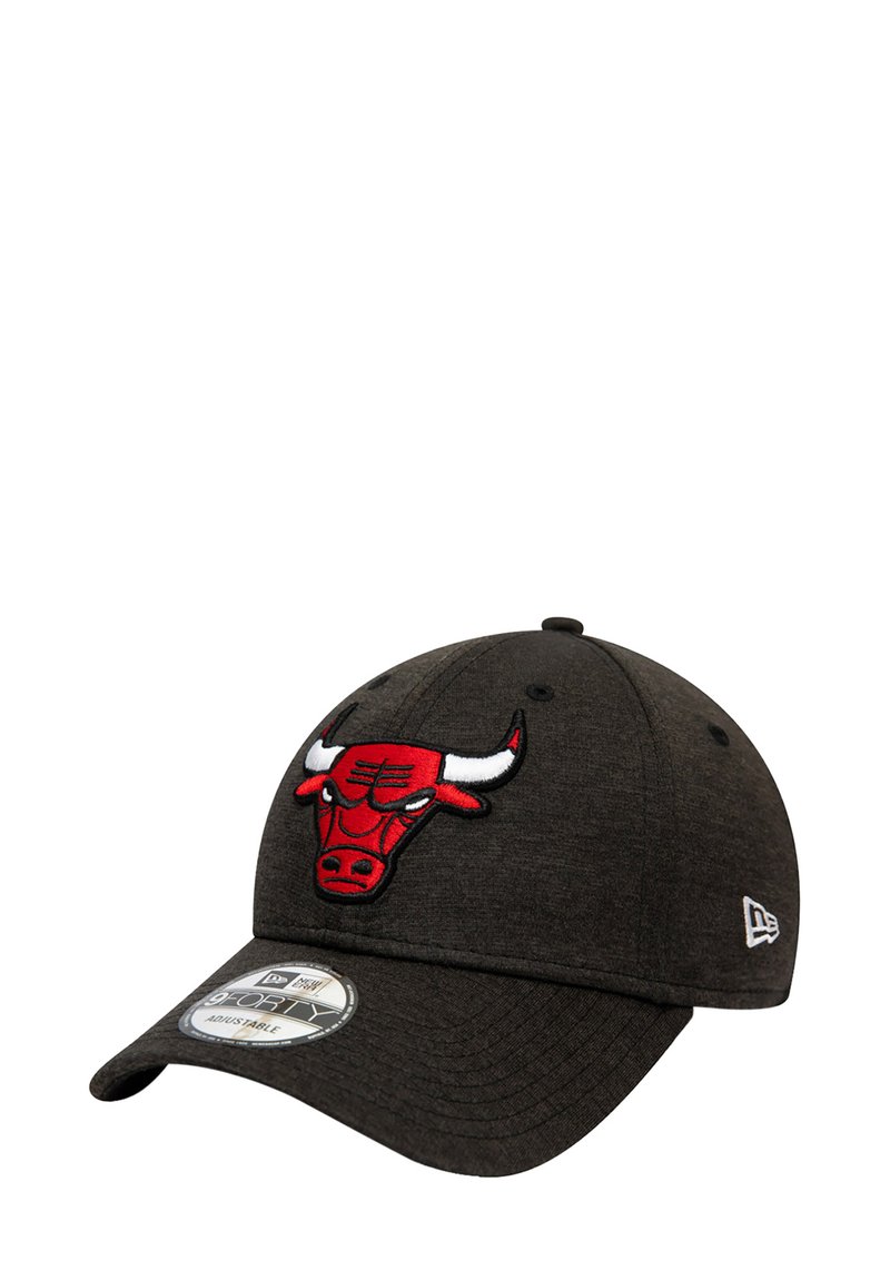 Black fitted cap with a red and white embroidered bull logo on the front, featuring a textured fabric and a curved brim design.