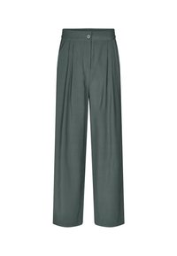 Pantalon large en tissu lisse de couleur vert doux. Il présente une taille avec une fermeture à bouton et des plis à l'avant.