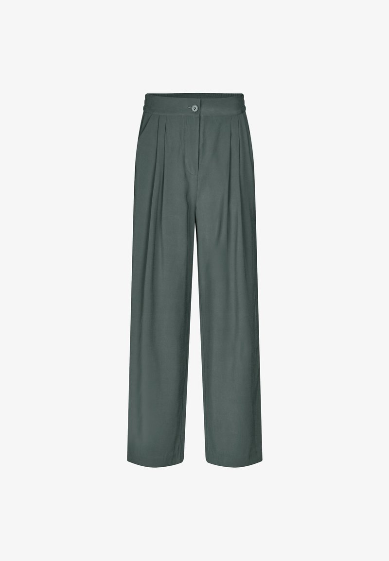 Pantalon large en tissu lisse de couleur vert doux. Il présente une taille avec une fermeture à bouton et des plis à l'avant.