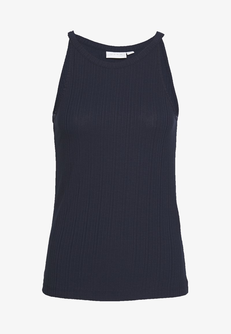 Débardeur bleu marine côtelé sans manches avec encolure ras du cou et coupe ajustée, présenté sur un fond blanc uni.