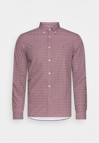 Rode en witte geblokte langemouwen overhemd met knopenkraag en eenvoudige manchet, met blauwe accenten op de knopen.