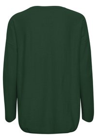 Musta vihreä pitkähihainen paita, jossa on rento istuvuus, pyöreä pääntie ja sileä pinta. Yksinkertainen, koristelematon takapaneelin muotoilu.