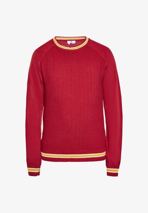 Maglione rosso lavorato a maglia con texture a coste. Presenta un collo tondo e accenti a righe gialle e bianche in contrasto al colletto e all'orlo.