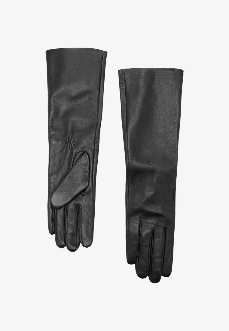 Guantes de cuero negro con una textura suave, muñeca ajustada y una costura detallada en la palma. Diseñados para cubrir completamente los dedos.