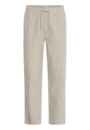 Pantalon décontracté beige à cordon de serrage avec taille élastique, jambes droites et poches latérales, fabriqué en tissu léger.