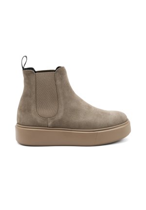 Stivale alla caviglia beige in suede con pannelli elastici laterali, bordo di estrazione e una spessa suola in gomma beige; texture liscia e design minimalista.