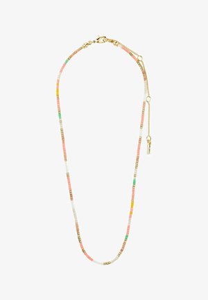 Náhrdelník s korálky v pastelových barvách ve tvaru čtverců, proložený zlatými akcenty. Zapínání na karabinu a nastavitelná délka.