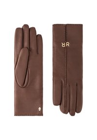 Brown leather gloves with a smooth texture, featuring a logo accent and elongated design. Visible stitching detail along the edges.