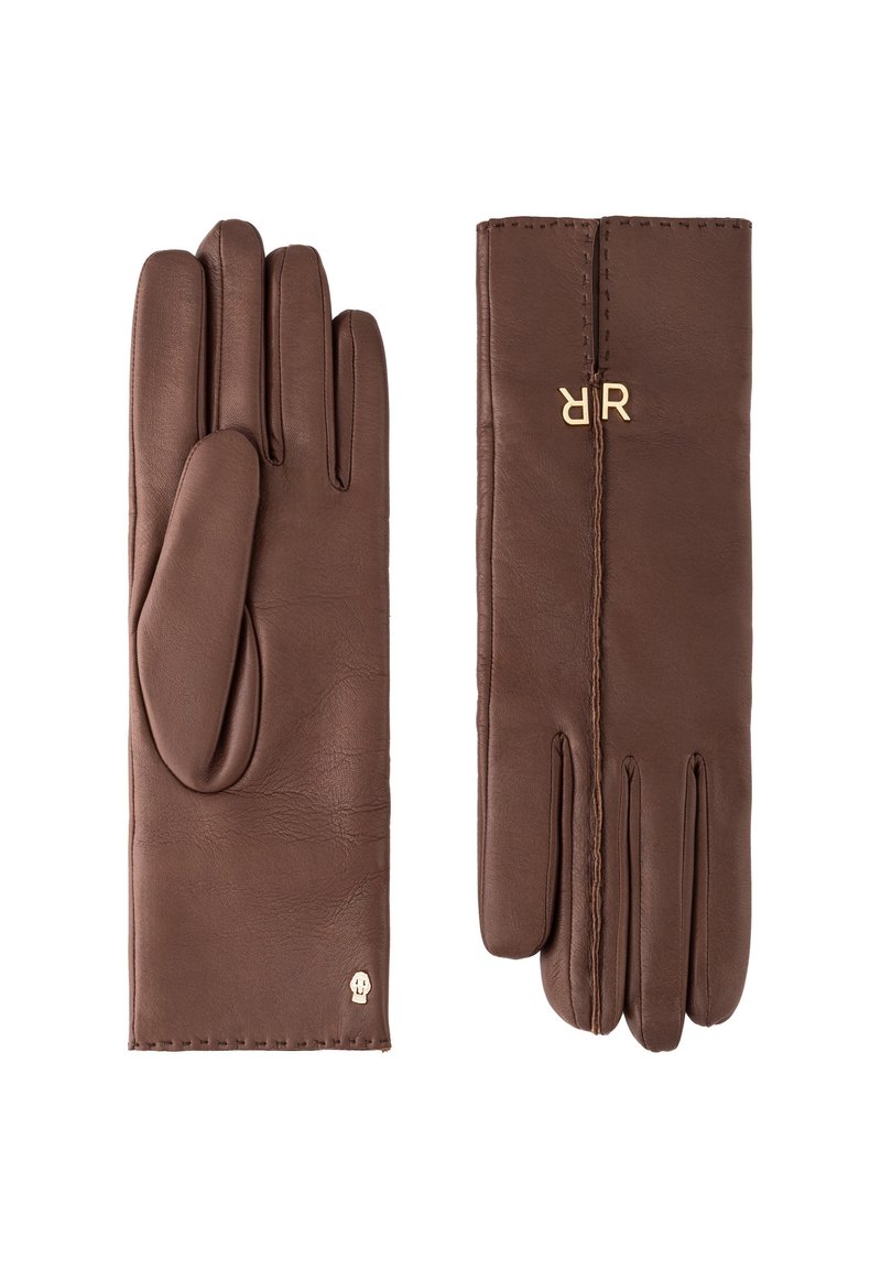 Brown leather gloves with a smooth texture, featuring a logo accent and elongated design. Visible stitching detail along the edges.