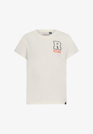 Bawełniana koszulka w jasnym kremowym kolorze z krótkimi rękawami, z dużym czarnym logo "R" oraz napisem "RETOUR" w kolorze pomarańczowym po lewej stronie klatki piersiowej.