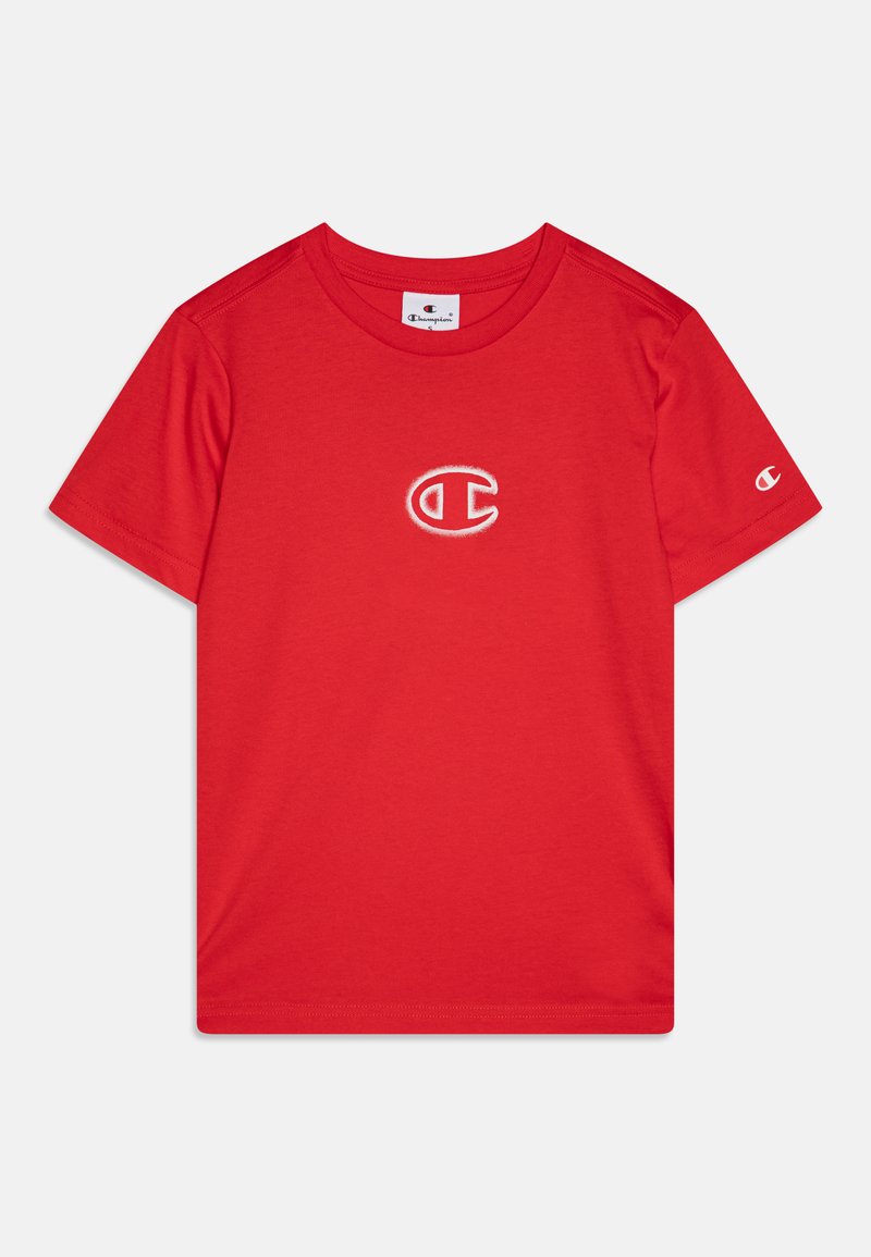 Red cotton t-shirt featuring a small white embroidered logo on the chest and a matching logo on the sleeve. Round neck, short sleeves.