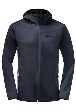 Black softshell jacket with a hood, featuring a front zipper, two side pockets, and a logo on the left chest area. Smooth texture.